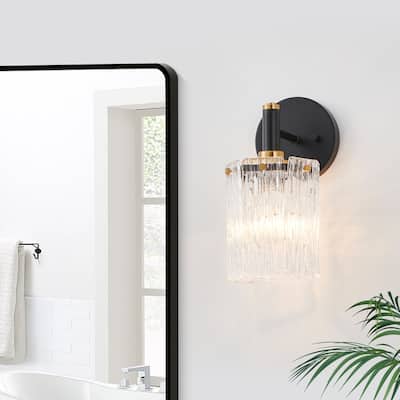 KAWOTI 1- Light Wall Sconce with Textured Glasses (Black & Gold) - W5.25"x H11" x D7.25"