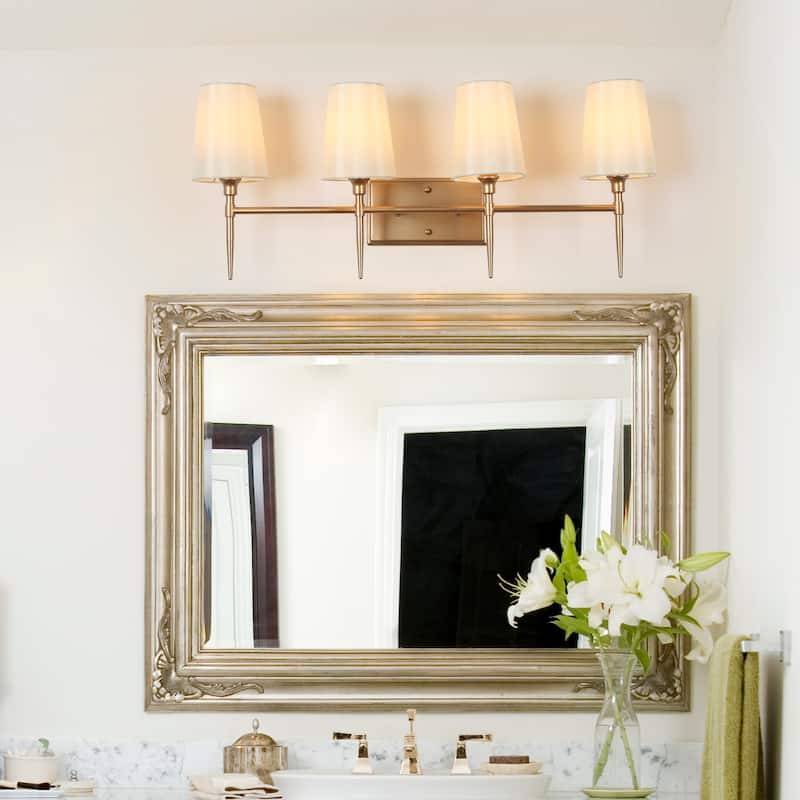 Barr Mid-Century Modern Gold 4-Light Bathroom Vanity Lights Fabric Wall Sconces - W 29" x D 6.5" x H 12"