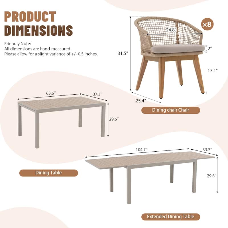 Extendable Outdoor Dining Set with Woven Rope Back Chairs with Cushions and All-Weather Aluminum Patio Table
