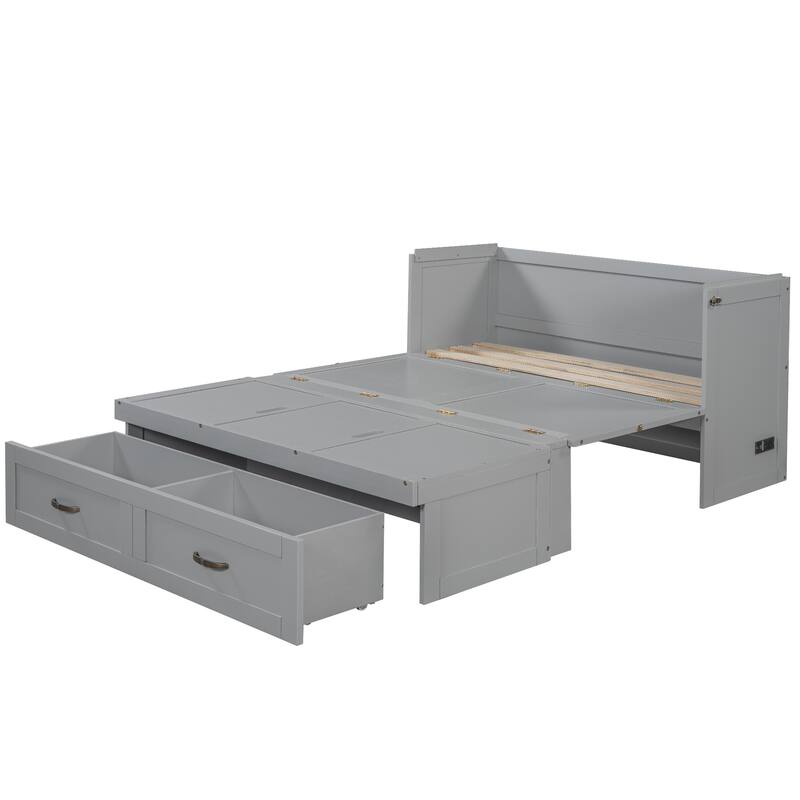 Queen Size Solid Wood Murphy Bed with USB Charging Ports, Large Storage Drawers, Metal Handles, Space-Saving Design
