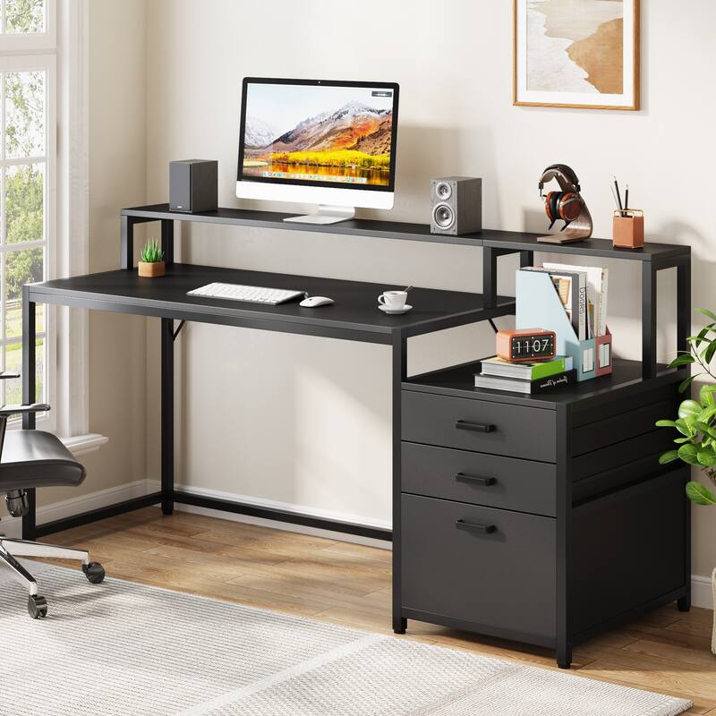 63 Inch Computer Desk with File Drawers, Ergonomic Office Desks with Monitor Stand - Black