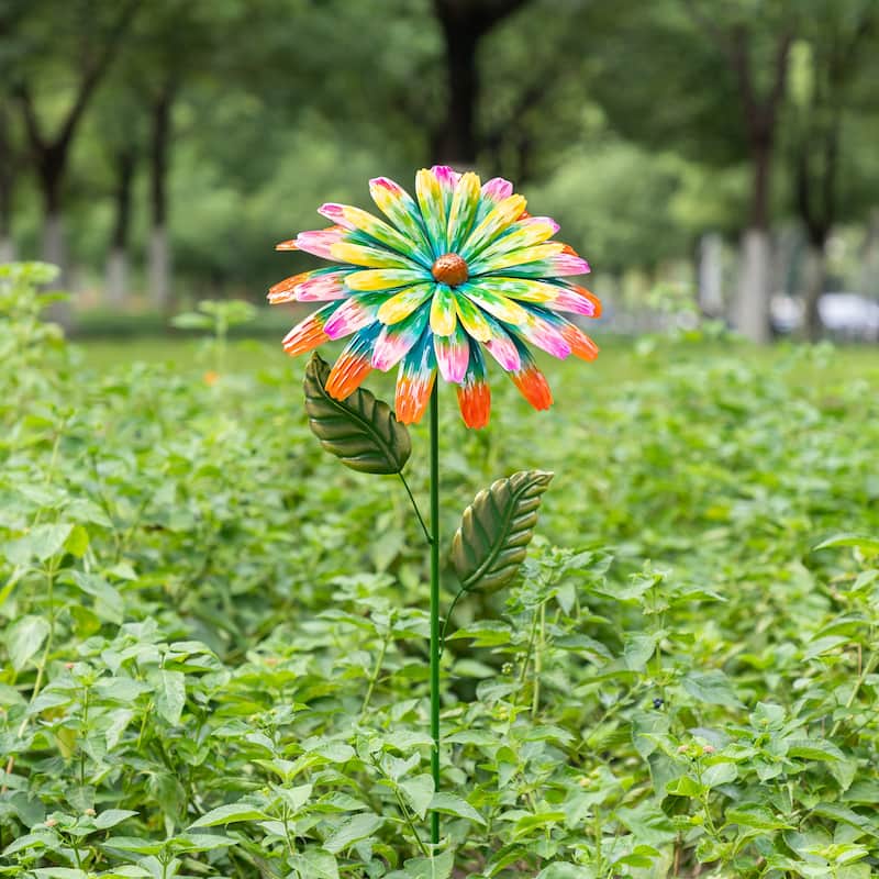 Glitzhome 41"H Metal Flower Yard Stake Hand Painted Garden Flower with Blue Yellow Petals Spring Decor