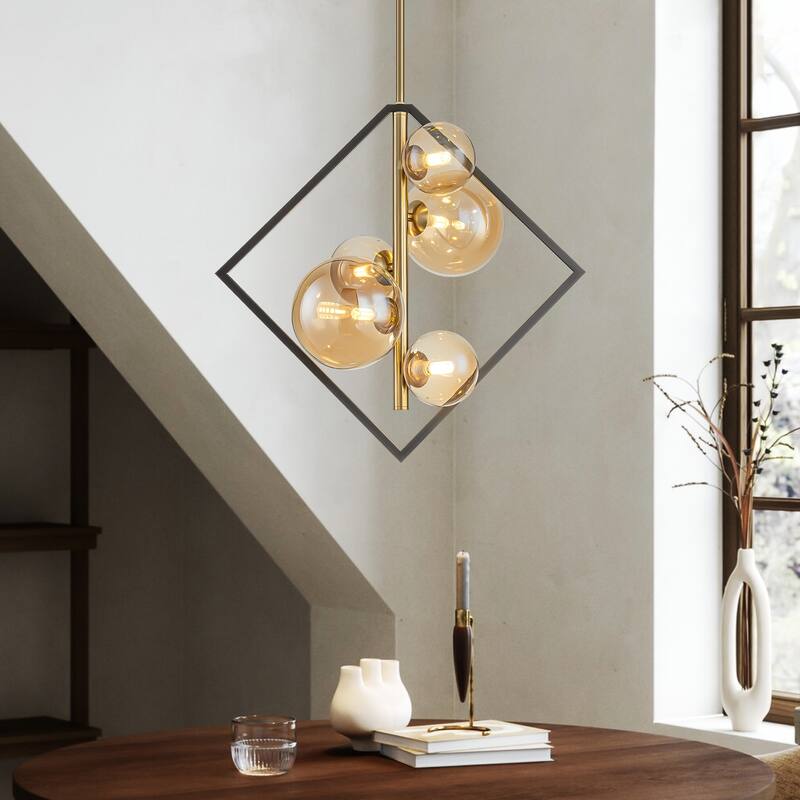 5-Light Black and Gold Modern Square Geometric Amber Glass Globe Bubble Chandelier for Dining Room - 20.08 in. W x 11.02 in. D x 19.29 in. H - Brushed Brass
