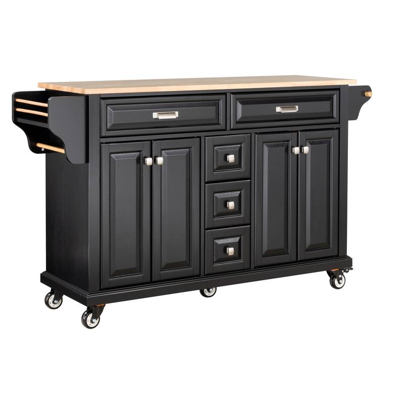 Kitchen Island with Rubber wood Countertop, Kitchen Cart on 5 Wheels with Storage Cabinet and 5 Drawers for Dinning Room