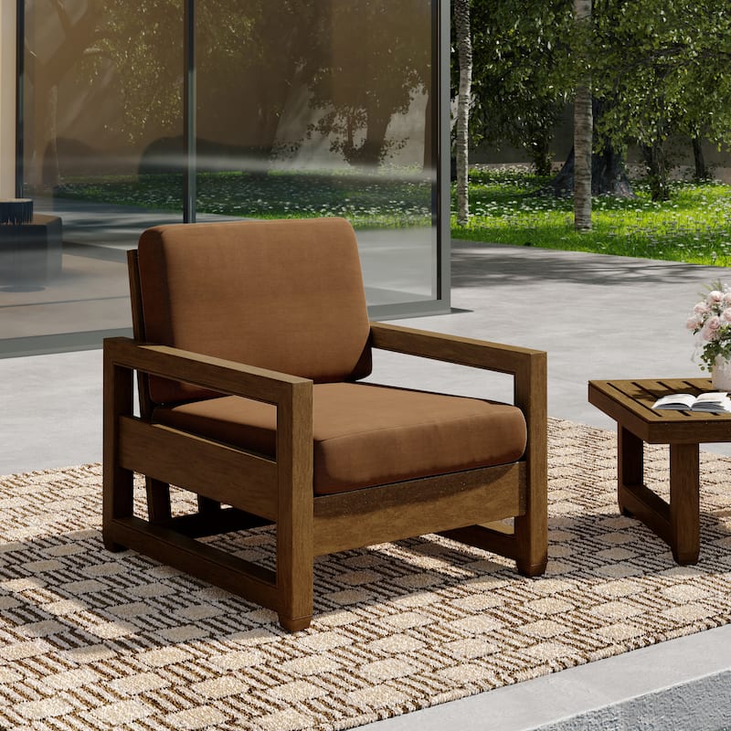 Patio Teak Wood Outdoor Arm Chair with Cushion - Natural Wood - Light Brown-Single Armchair