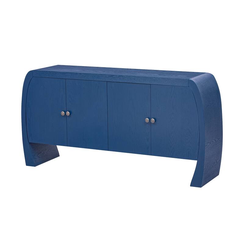 58.6" MDF Vintage 4-DoorConsole Tables - Ash Veneer with Antique Brass Handles & Curved Arc Legs