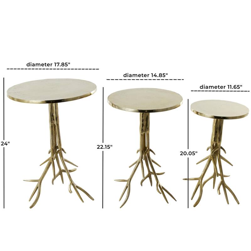 Gold or Silver Aluminum Metal Tree Side End Accent Table with Branch Inspired Bases (Set of 3)
