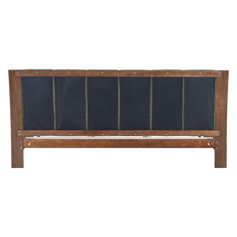 Pine Wood Bed Frame Mid Century Modern Platform Bed with Green Upholstered Headboard, Wood Slat Support Low Profile Wingback Bed