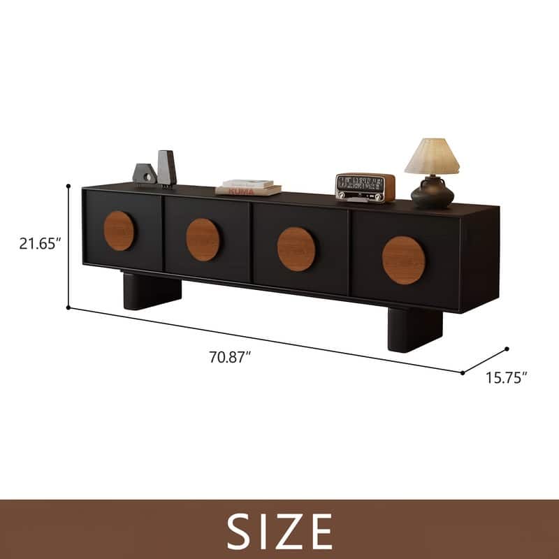 71" Mid Century Modern Black TV Stands, With Solid Wood Veneer, 4 Cabinets Media Console