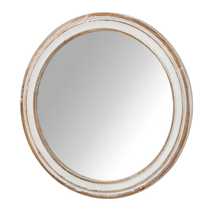 Round Wooden Farmhouse Wall Mirror - Whitewash Edge, Bathroom Vanity, Home & Office - Antique Natural