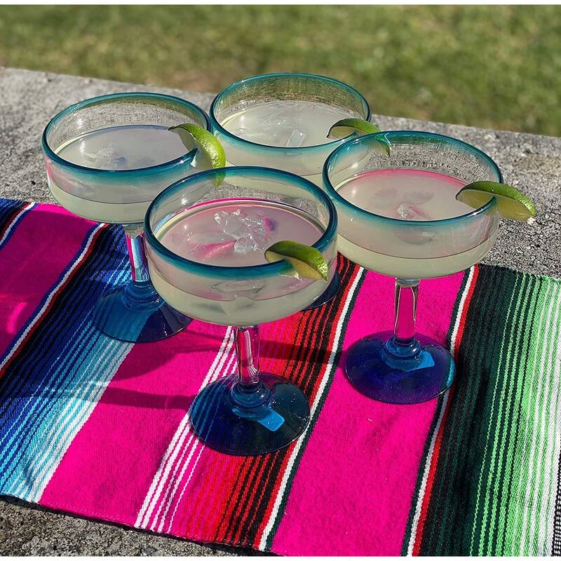 Dos Suenos Mexican Hand Blown Glass - Set of 4 Hand Blown Margarita Glasses (16 oz) with Aqua Blue Rims