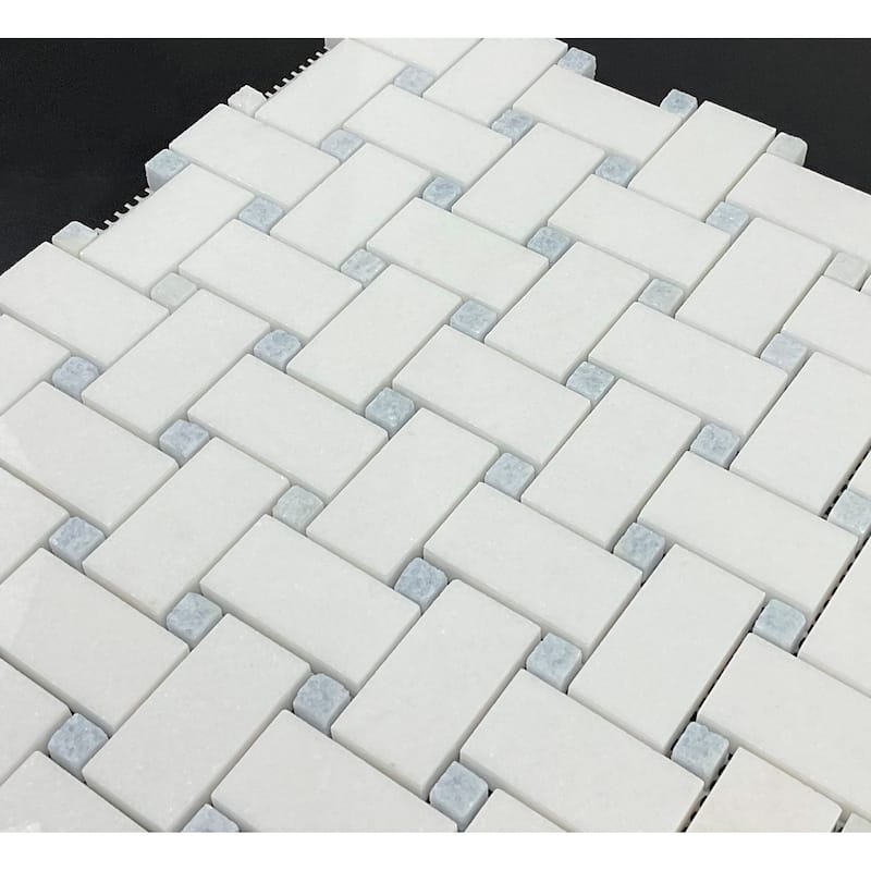 Thassos White with Blue Celeste 1 x 2 Basketweave Marble Mosaic Tiles - Case (10 Sheets)