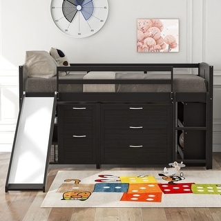 Maximized Storage Space Low Loft Bed with Drawers, Shelves and Slide, Twin Size