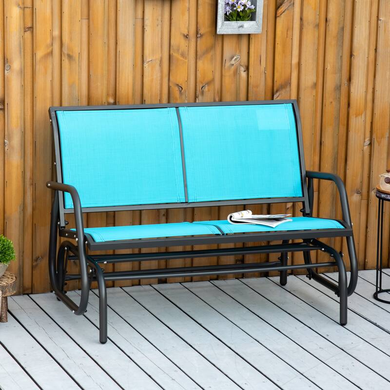 Outsunny 2-Person Glider Rocking Chair with Smooth Armrest, Breathable Mesh Fabric for Backyard Garden - Blue