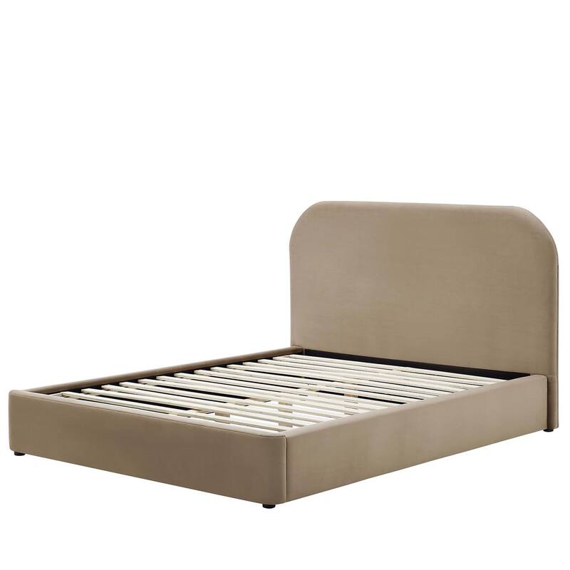 Hillsway Modern Curved Headboard Taupe Velvet Upholstered King Size Platform Bed