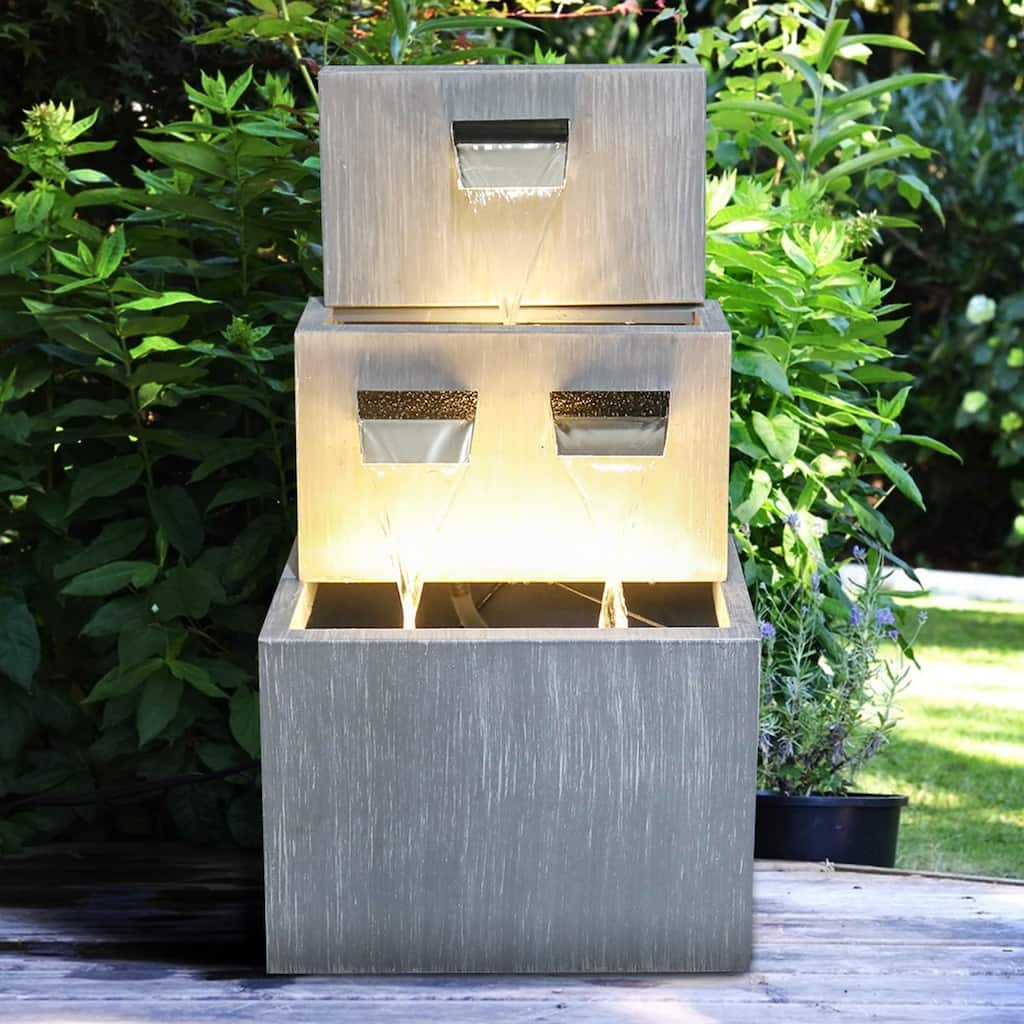 Modern Outdoor Water Fountain Metal Water Feature with Light - 25''