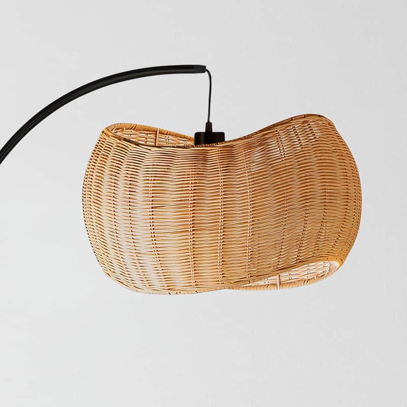 Brightech Wave Pendant 78" Classic Matte Black Mid-Century 9W 800Lm 3000K LED Modern Arc Floor Lamp With Beige Rattan Drum Shade