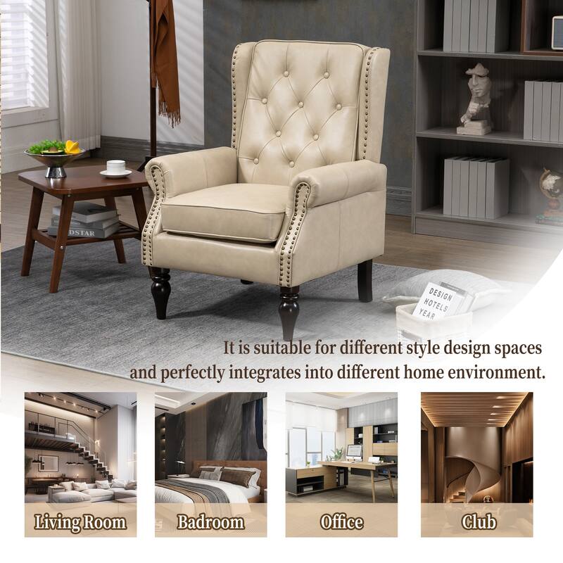 High Back Wood Frame Armchair, Modern Accent Chair Lounge Chair with Wood Legs, Upholstered PU Leather Lounge Chairs