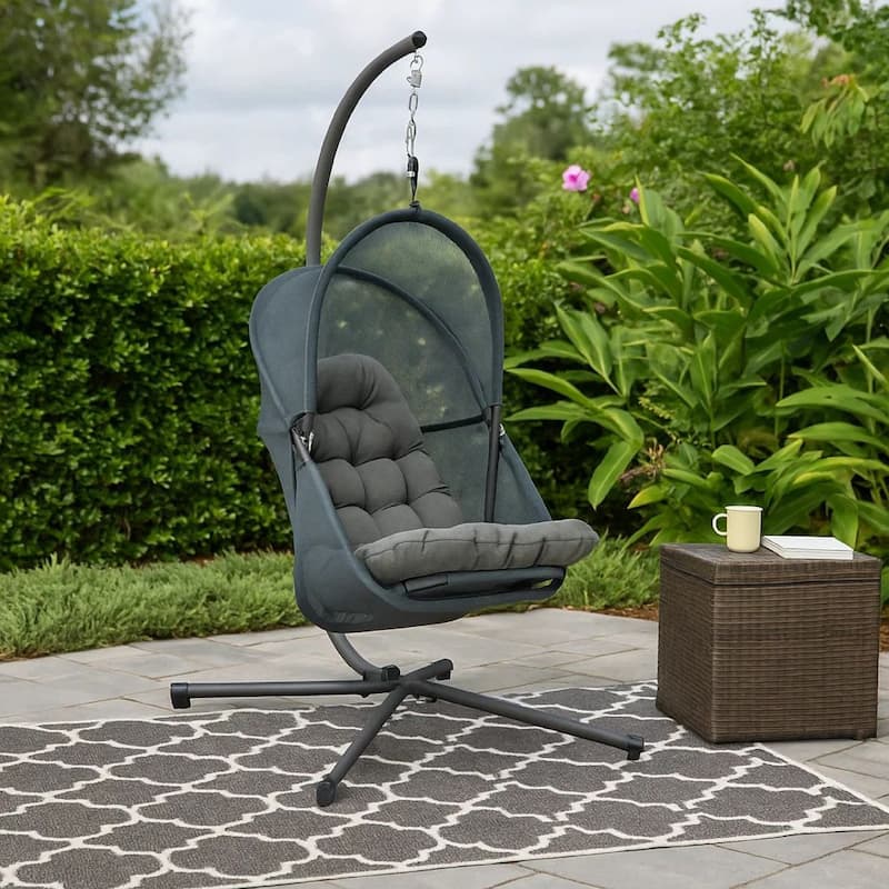 Bery Outdoor Swing Chair with Foldable Stand, Dark Gray Cushion