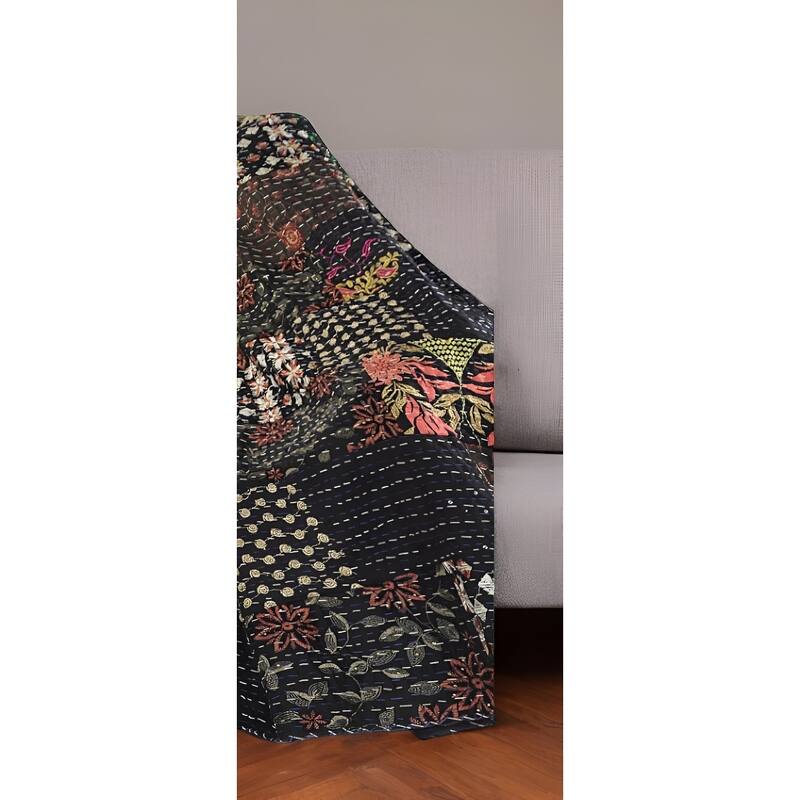 70" X 50" Black Kantha Cotton Patchwork Throw Blanket with Embroidery - Throw
