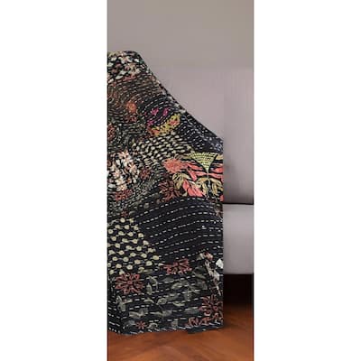 70" X 50" Black Kantha Cotton Patchwork Throw Blanket with Embroidery