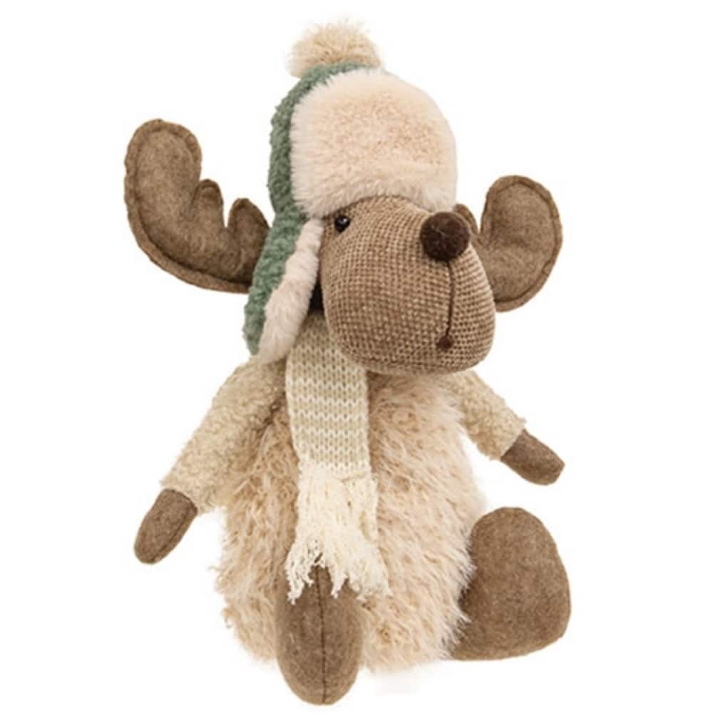 12” Plush Reindeer Figurine with Cozy Sweater, Winter Hat and Scarf, Seasonal Home Decor - 12" H x 9" W x 6.5" D