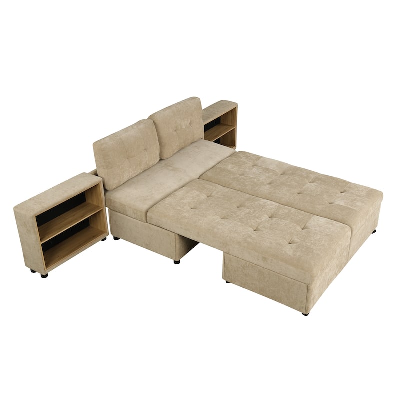 121.2" Chenille Modular Sofa Bed with Two Storage Racks, Free-Combined Design, and Smooth-Rolling Wheels
