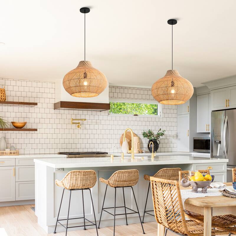 14" Coastal Natural Rattan Lantern Pendant Light Chandelier