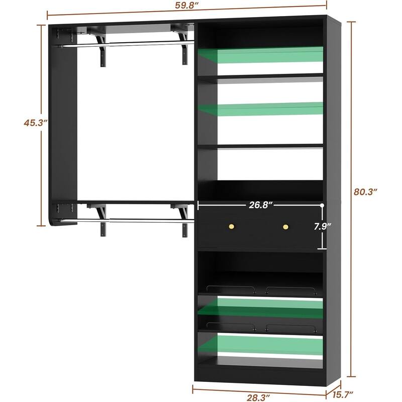 5FT Closet System with 2 Hanging Rods and Wooden Drawer, Walk-in Closet Organizer with 2 Wing Shelve and Adjustable Rack Shelves