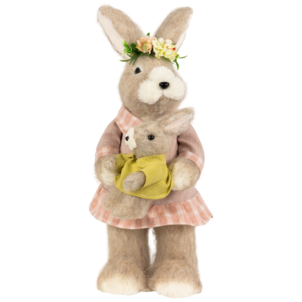 Mother Rabbit with Baby Bunny Easter Figure - 14.5" - Brown and Rose Pink