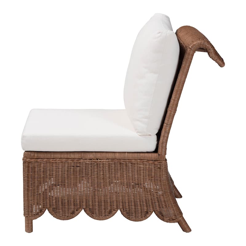 Detta Natural Rattan Accent Chair - Handwoven Wicker Lounge Chair with Rolled Back and Scalloped Skirt Base, Boho Coastal Style