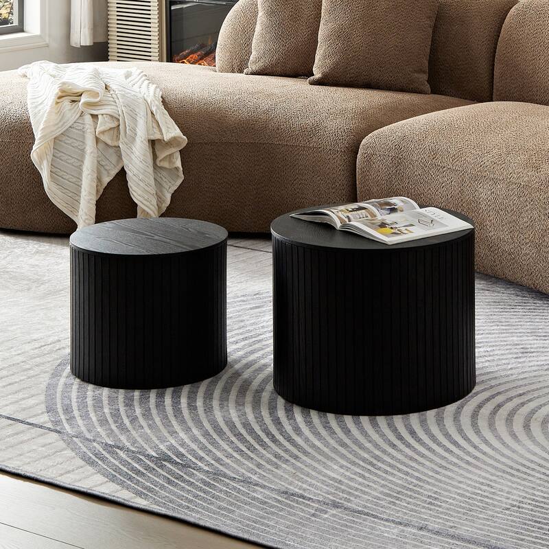 Set of 2 Round Nesting Tables, Vertical Stripe Coffee Table Sets with Hidden Storage and Disassembled Tabletop - Black