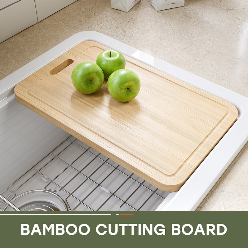 HOROW 30 in. Drop-In Single Bowl White Ceramic Kitchen Sink Standard and Bottom Grid, Drain Assembly, Cutting Board