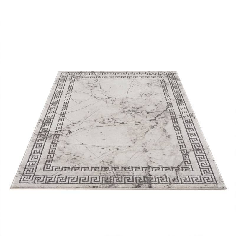 La Dole Rugs Silver Grey Ivory Abstract Marble Bordered Modern Greek Area Rug For Living Room Bedroom Hallway Runner