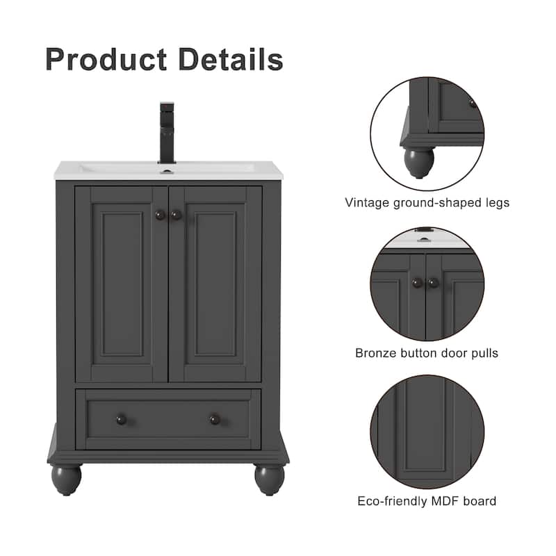 Retro Bathroom Vanity Cabinet Solid Wood Classic with Ceramic Sink