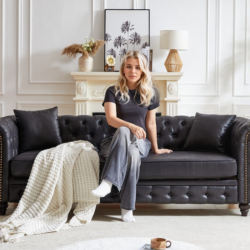 Chesterfield 85.5" Tech Fabric 3-seater Sofa with Cushions