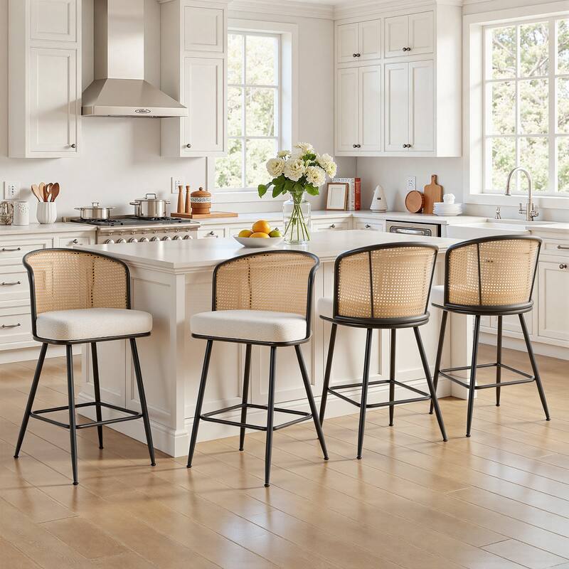 26"/29" Rattan Upholstered Bar Stool /Counter Stools Set of 2/3/4 - Set of 4 - Fabric-White - Counter Height