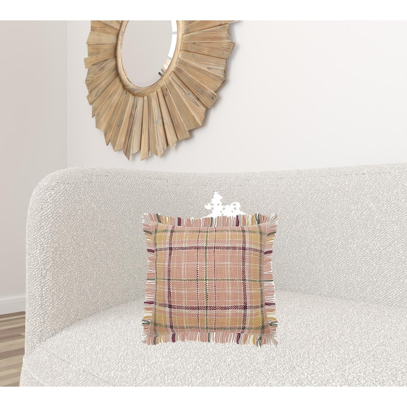 HomeRoots 20" X 20" Pink Berry Green And Yellow 100% Cotton Plaid Zippered Pillow