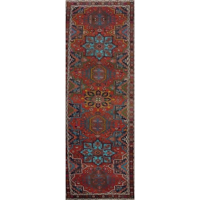 Hand Knotted Oriental 100% Wool Carpet Traditional Geometric Red Heriz Runner Rug - 10' 10'' X 3' 3''