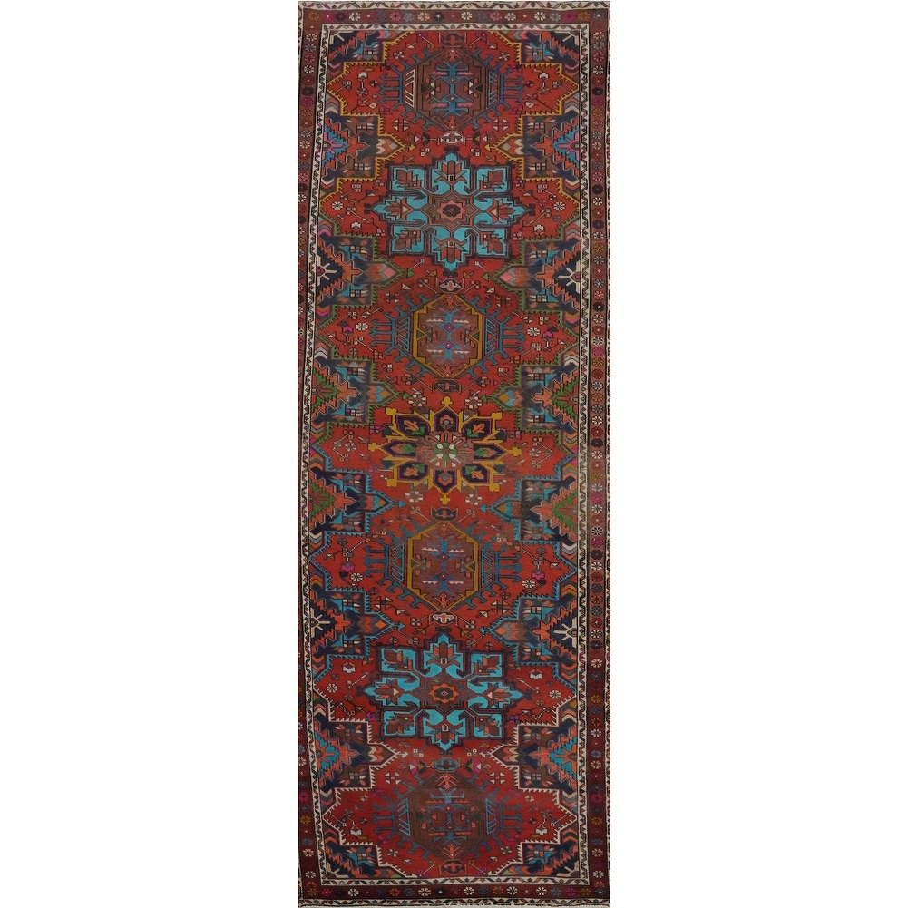 Hand Knotted Oriental 100% Wool Carpet Traditional Geometric Red Heriz Runner Rug - 10' 10'' X 3' 3''
