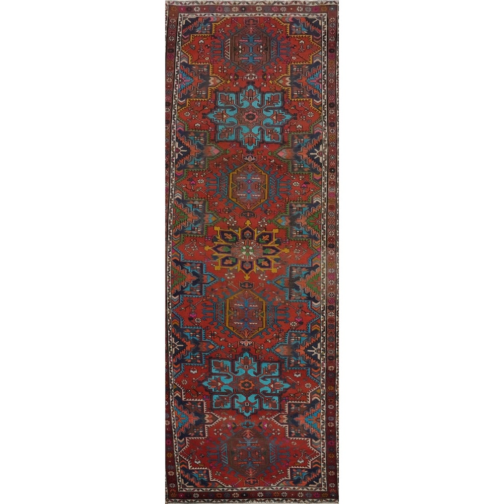 Hand Knotted Oriental 100% Wool Carpet Traditional Geometric Red Heriz Runner Rug - 10' 10'' X 3' 3''