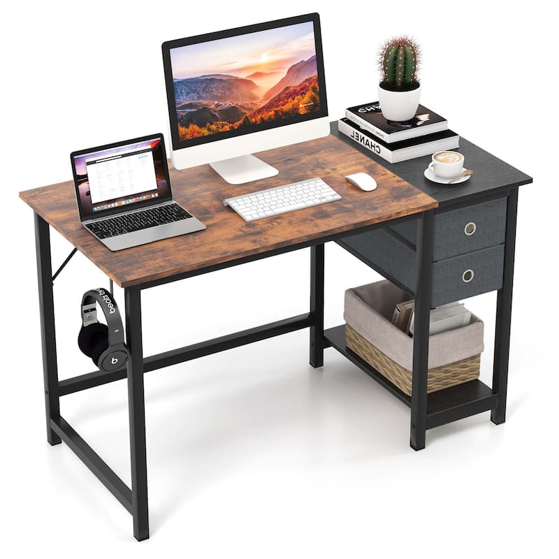 Costway 48" Home Office Desk with Storage Headphone Hook Shelf & 2 - Rustic Brown & Black - See Details