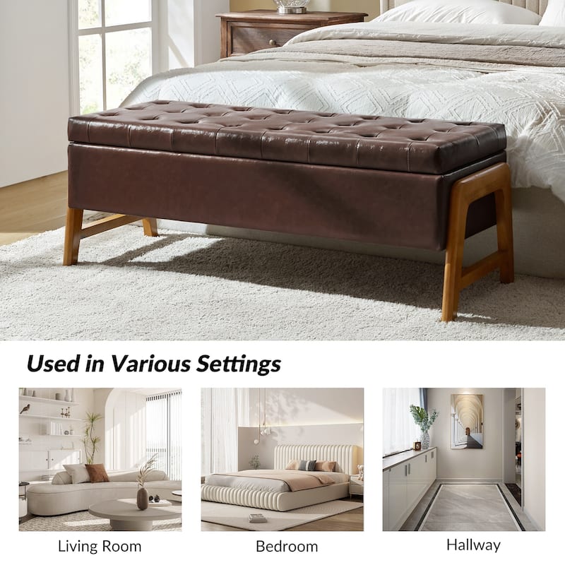 Rita Mid-century Modern Upholstered Storage Bench with Tufted Seat and Solid Wood Leg by HULALA HOME