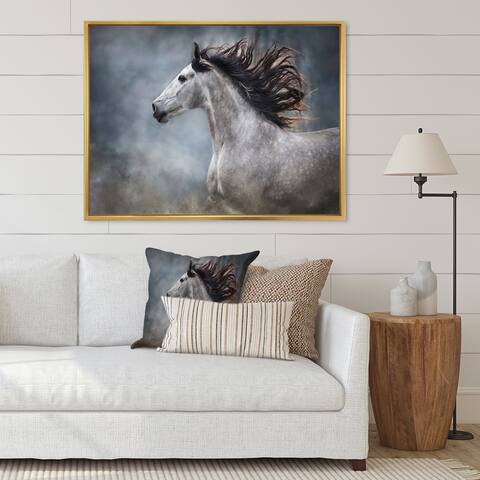 Designart 'Portrait Of A Galloping White Horse II' Traditional Framed Canvas Wall Art Print