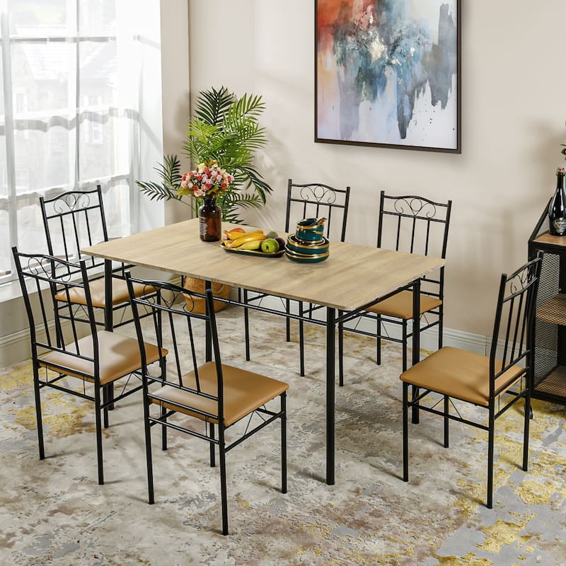 Homy Casa 7-Piece Dining Set, MDF Table & 6 Metal PU Chairs - Beech