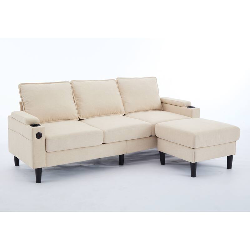 78" Fabric L-Shaped Sectional Sofa with USB, Ottoman & Magazine Bags (3-Seater)