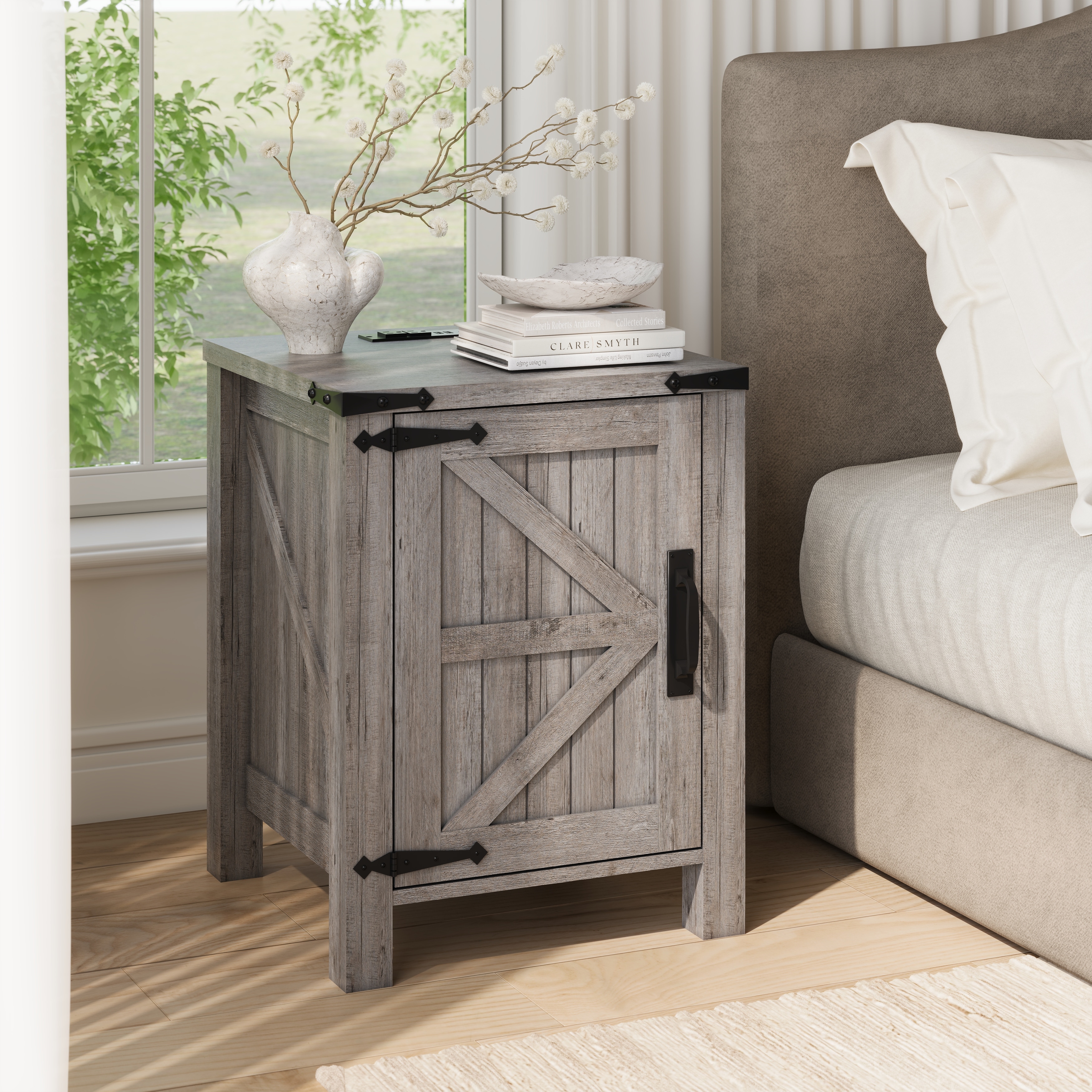 Farmhouse Nightstand with Charging Station, End Table with Barn Door
