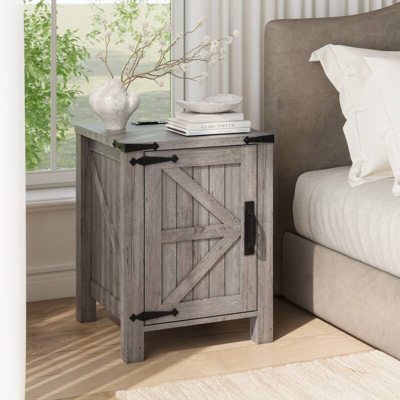 Farmhouse Nightstand with Charging Station, End Table with Barn Door - Grey