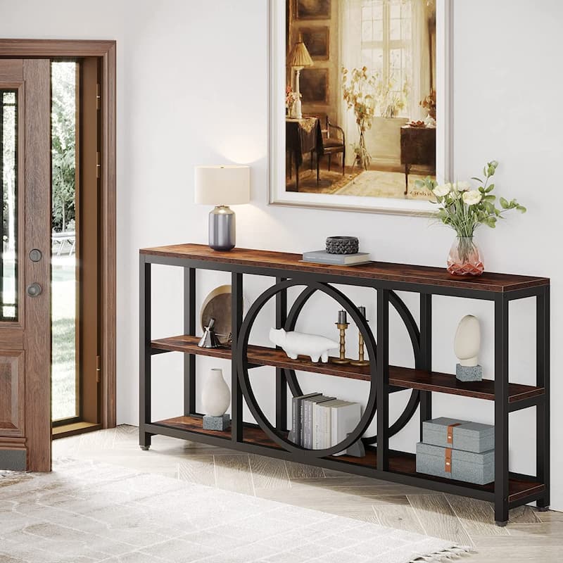 Extra Long Console Table, 70.9 inch Narrow Sofa Tables with 3 Tier Wood Storage Shelves, Rustic Brown Black - 11.75" * 70.9"