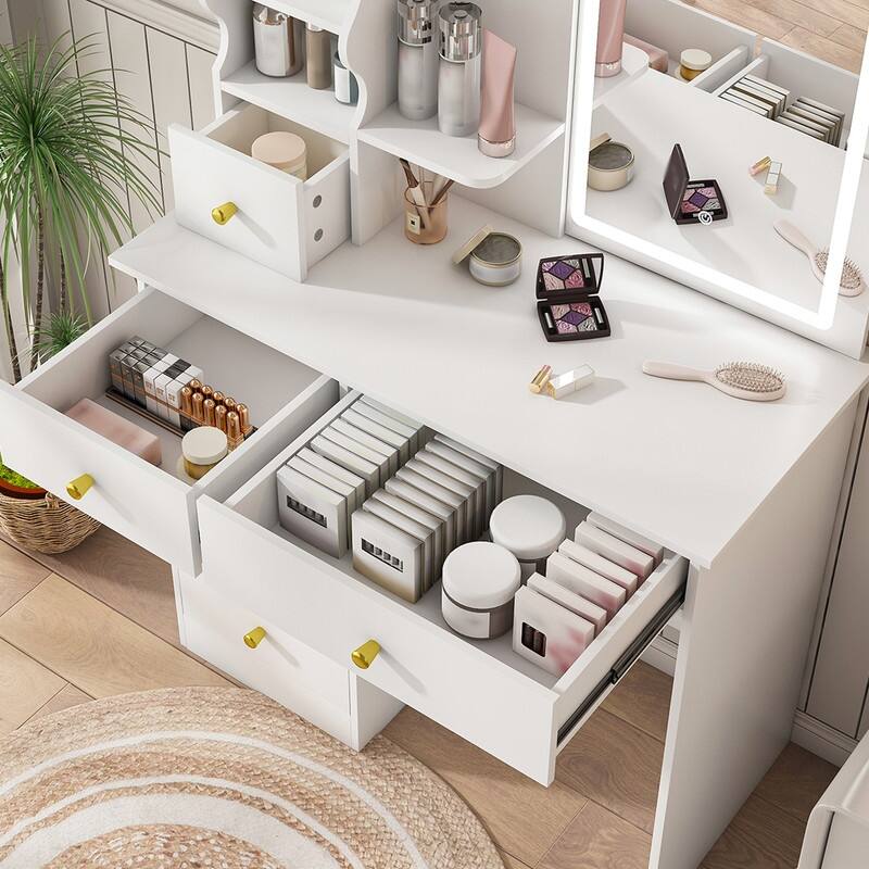 Vanity Desk with Sliding Mirror and Lights White Makeup Vanities with 5 Drawers ，movable and hidden mirror